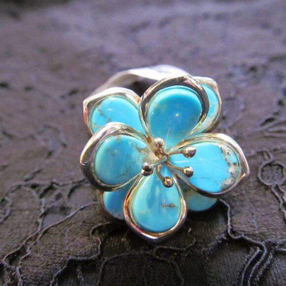 Tehya Oyama Blue Kingman turquoise flower ring Sterling Silver over Copper Sz 10 - Picture 14 of 16